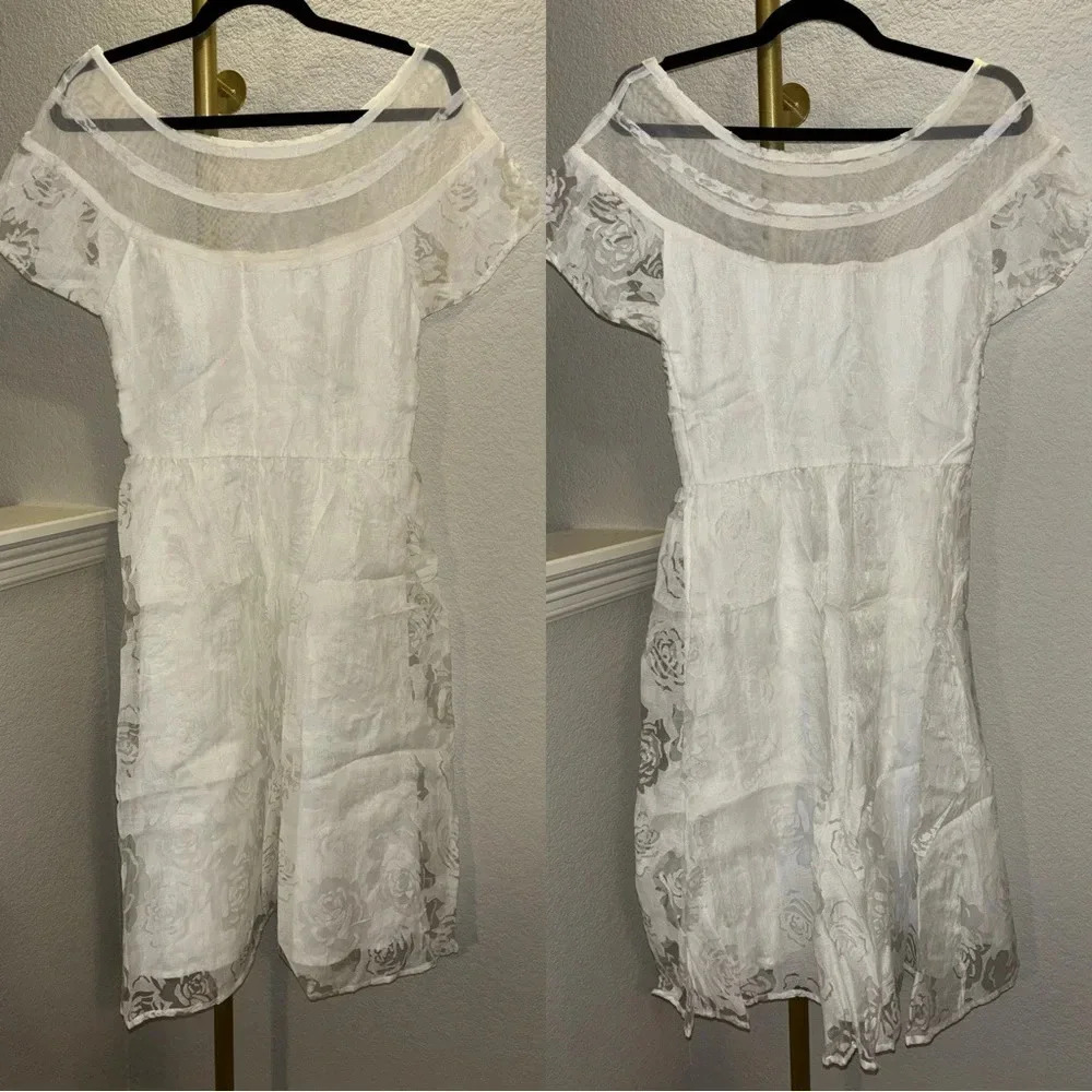 NWOT Unique Vintage White Burnout Rose Flare Dress - Picture 5 of 5